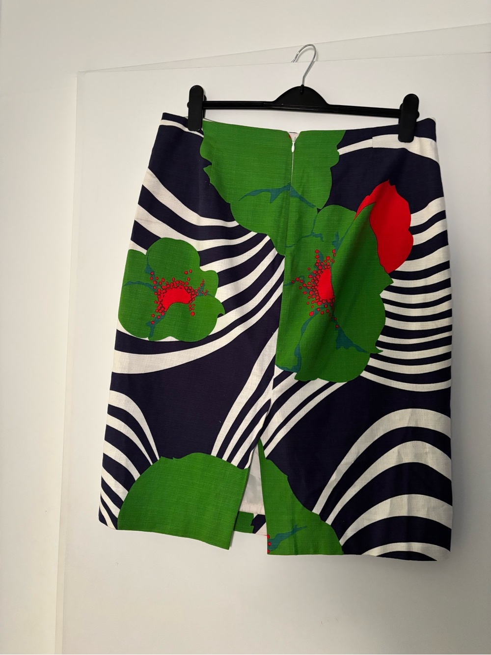 J. Crew Navy Floral A-Line Skirt with Green & Red Motif
